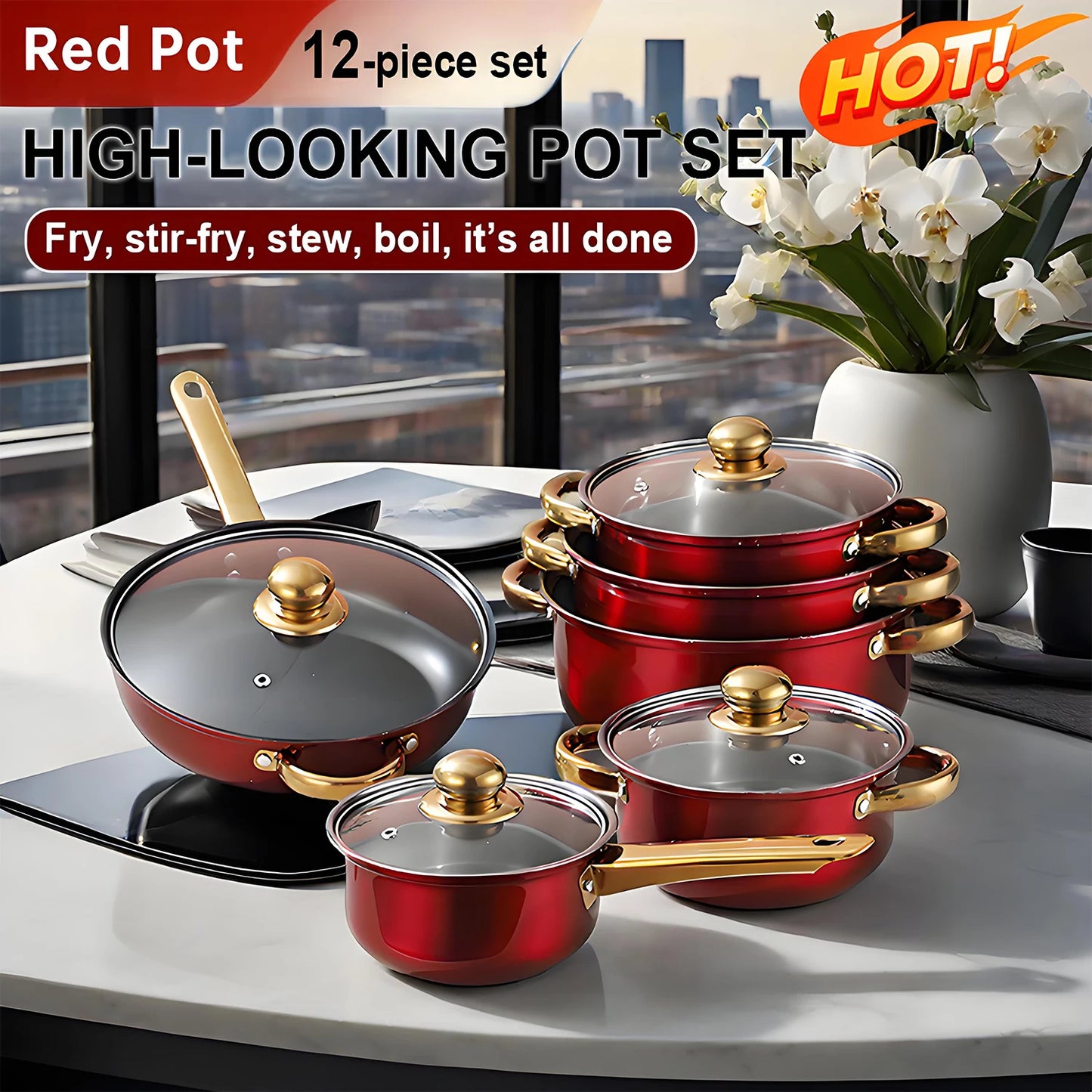 Red Cookware , 12-Piece Stainless Steel, Non-Stick,