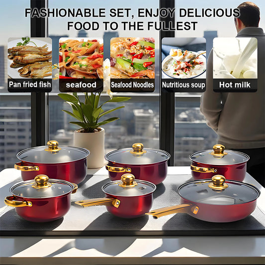 Red Cookware , 12-Piece Stainless Steel, Non-Stick,