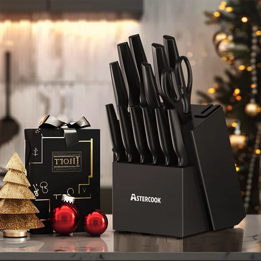 Astercook 15 Pieces German Stainless Steel Knife Block