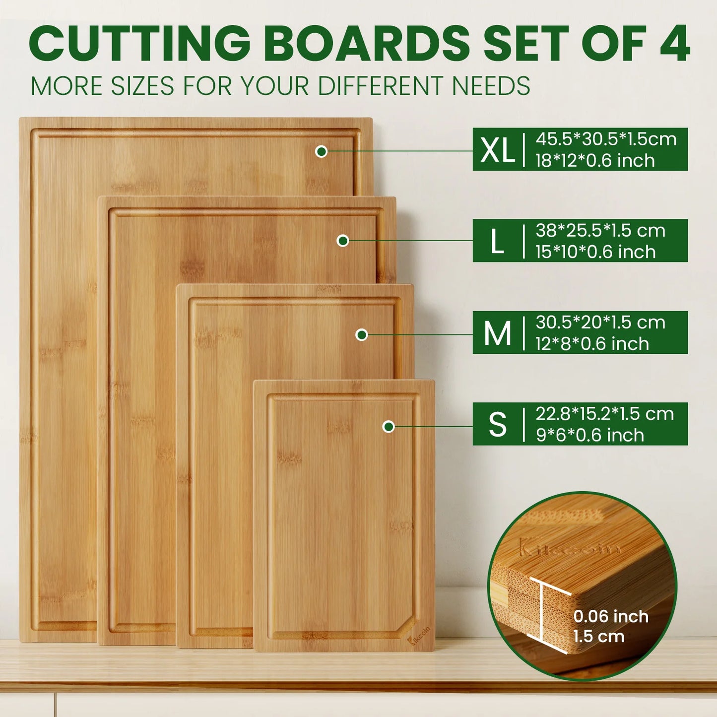 4-piece extra large kitchen bamboo cutting board set.
