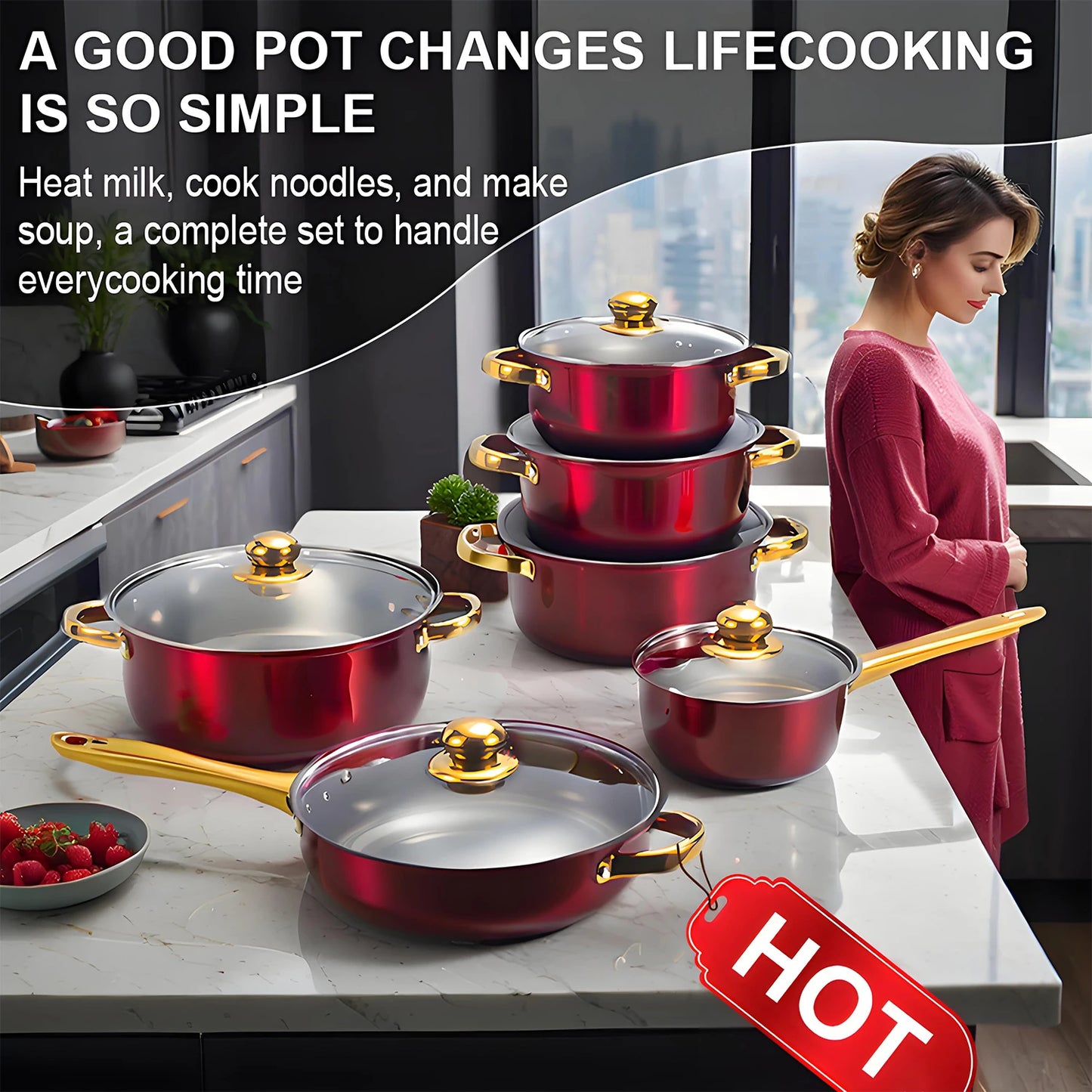 Red Cookware , 12-Piece Stainless Steel, Non-Stick,
