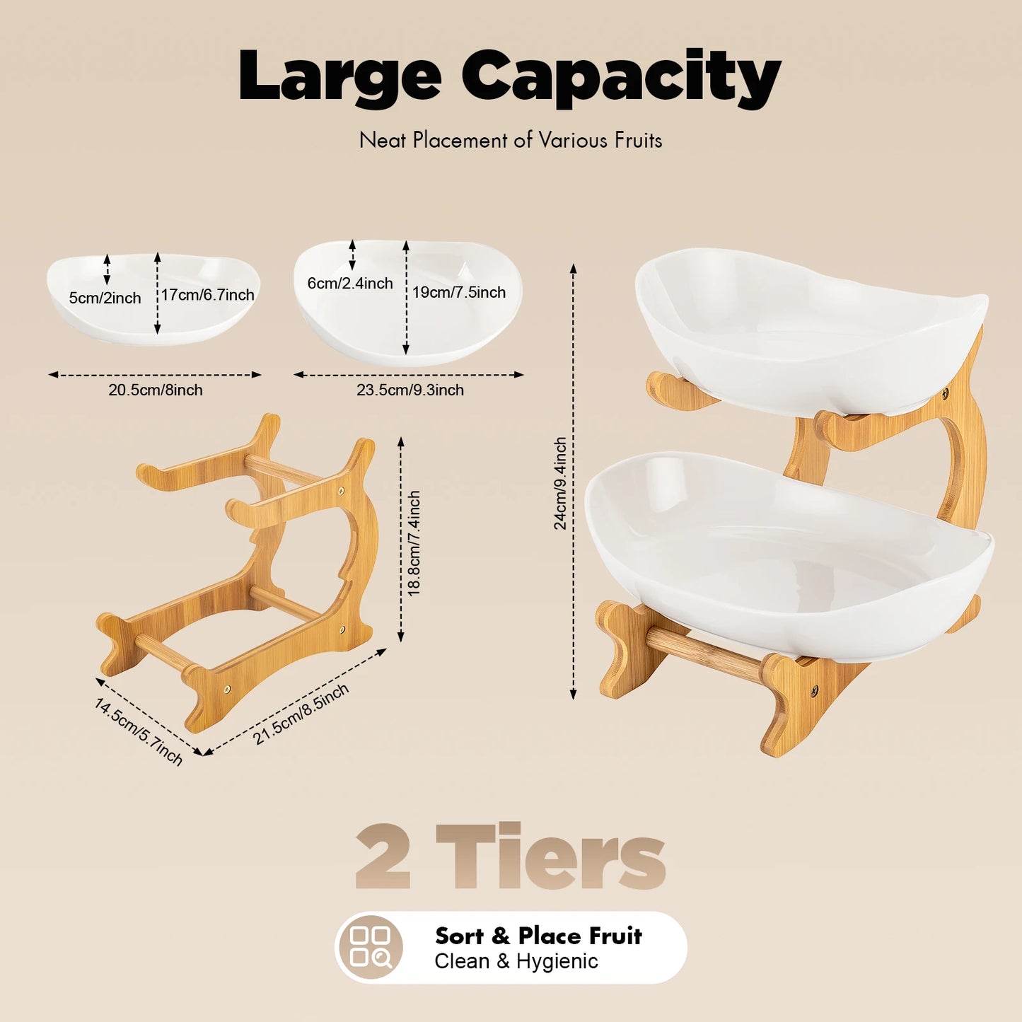2-Tier Ceramic Fruit Bowl Set Bambo Frame