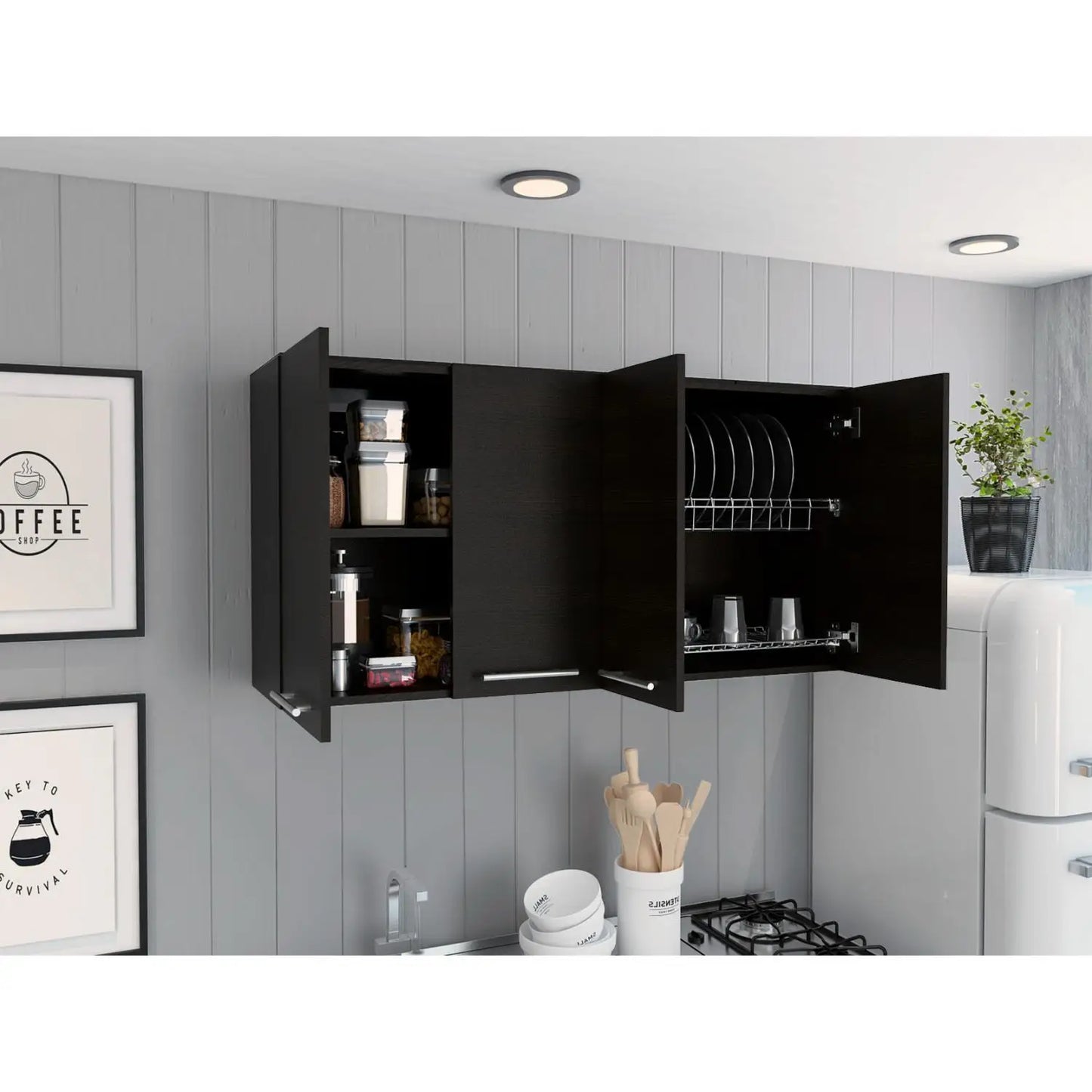 120 Wall Cabinet, Four Doors, Two Cabinets, Two Shelves Black