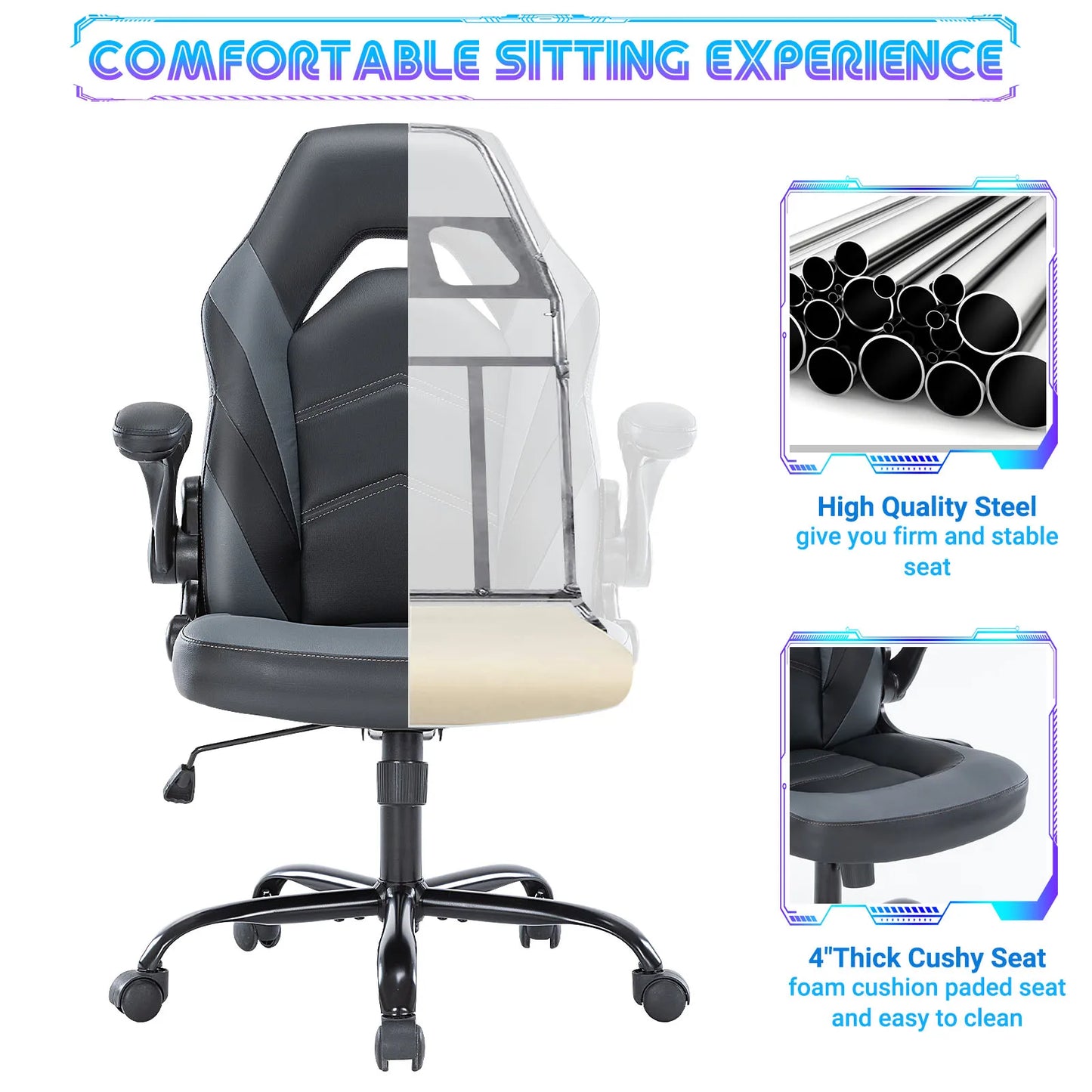 JHK Ergonomic Adjustable PU Leather Chair Flip-up Armrest