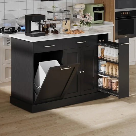 Trash Can Storage, 52" Kitchen Rolling Island with Marble Countertop