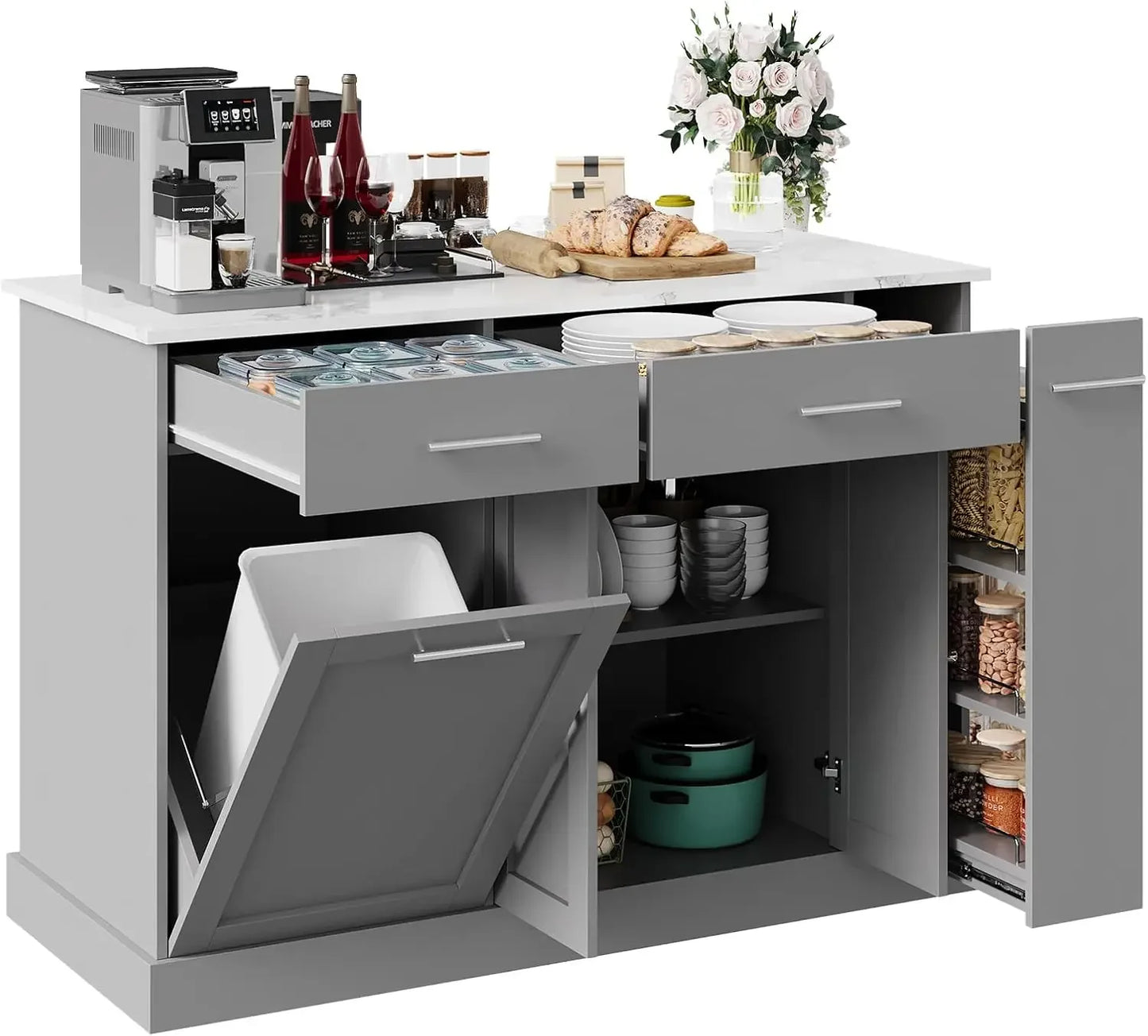 Trash Can Storage, 52" Kitchen Rolling Island with Marble Countertop