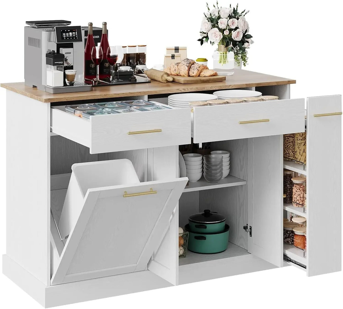 Trash Can Storage, 52" Kitchen Rolling Island with Marble Countertop