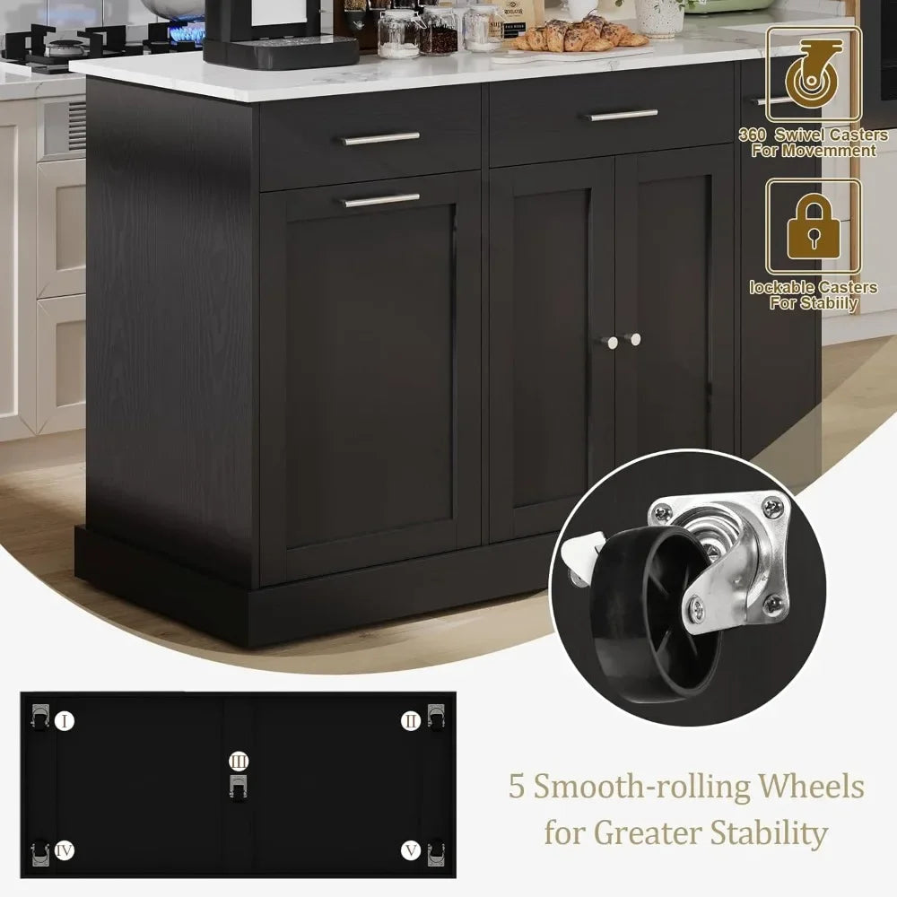 Trash Can Storage, 52" Kitchen Rolling Island with Marble Countertop
