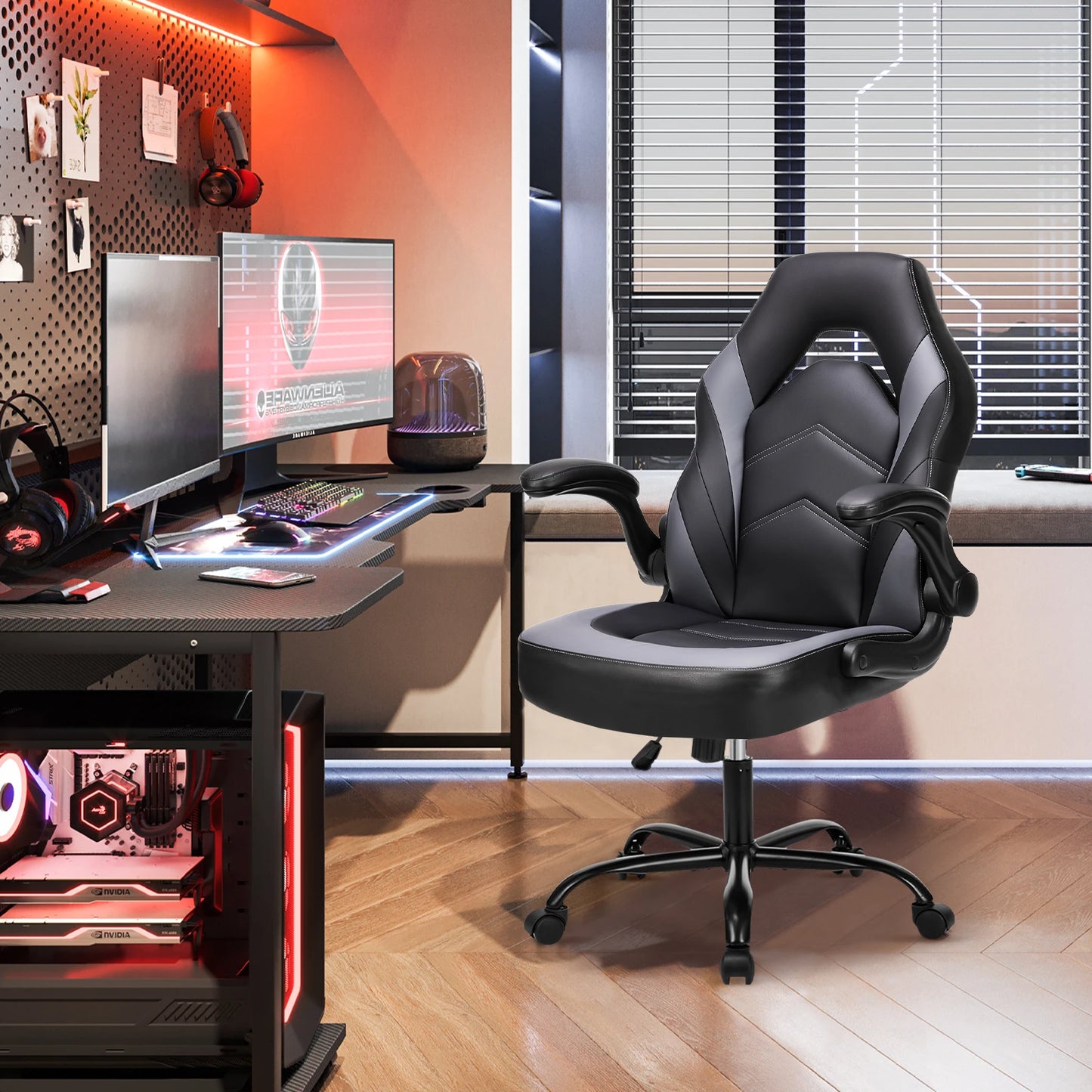 JHK Ergonomic Adjustable PU Leather Chair Flip-up Armrest