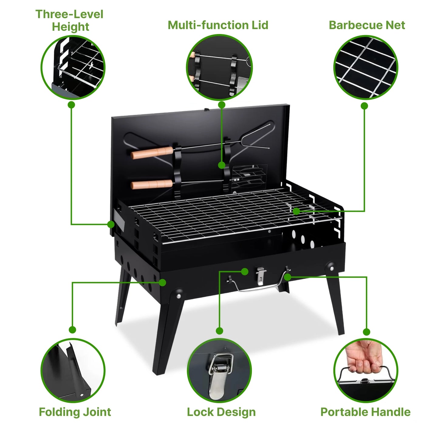 Charcoal Grill, Foldable BBQ Grill with Adjustable Heights,