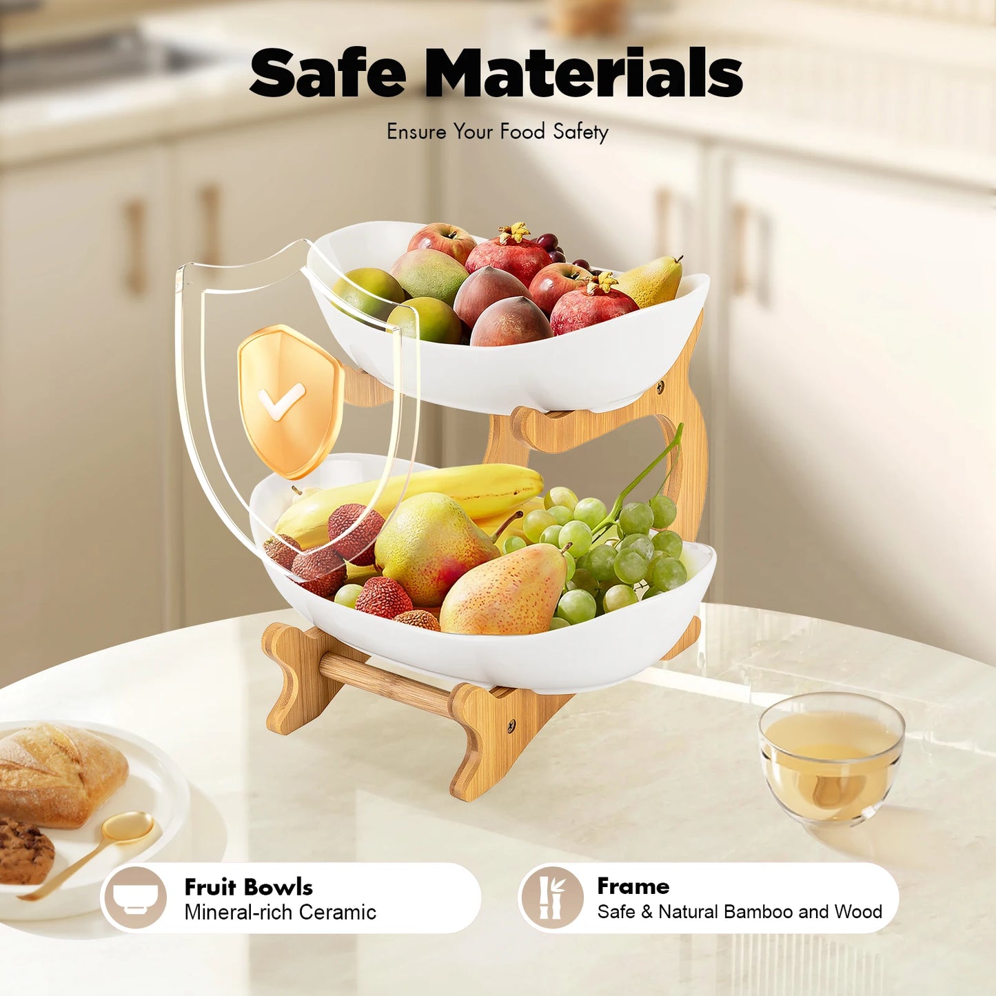 2-Tier Ceramic Fruit Bowl Set Bambo Frame