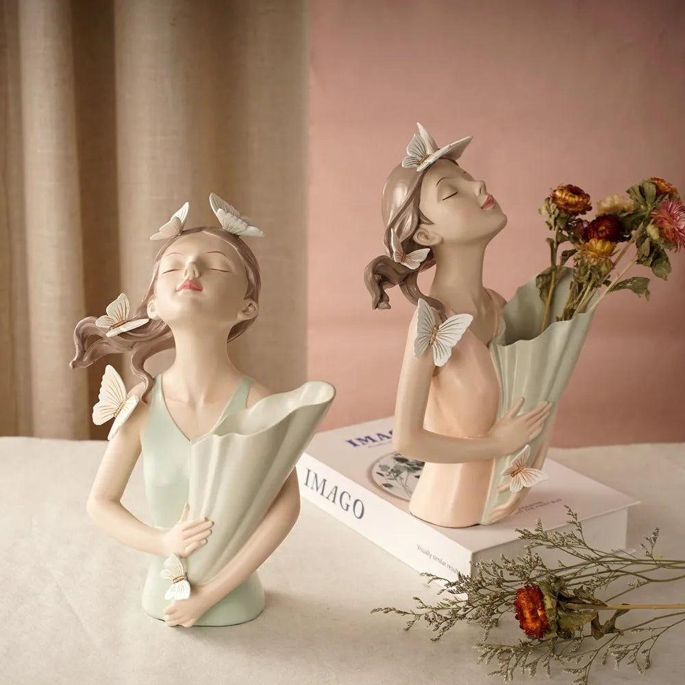 30cm Butterfly and Girl Vase Handmade Modern Art Figurines