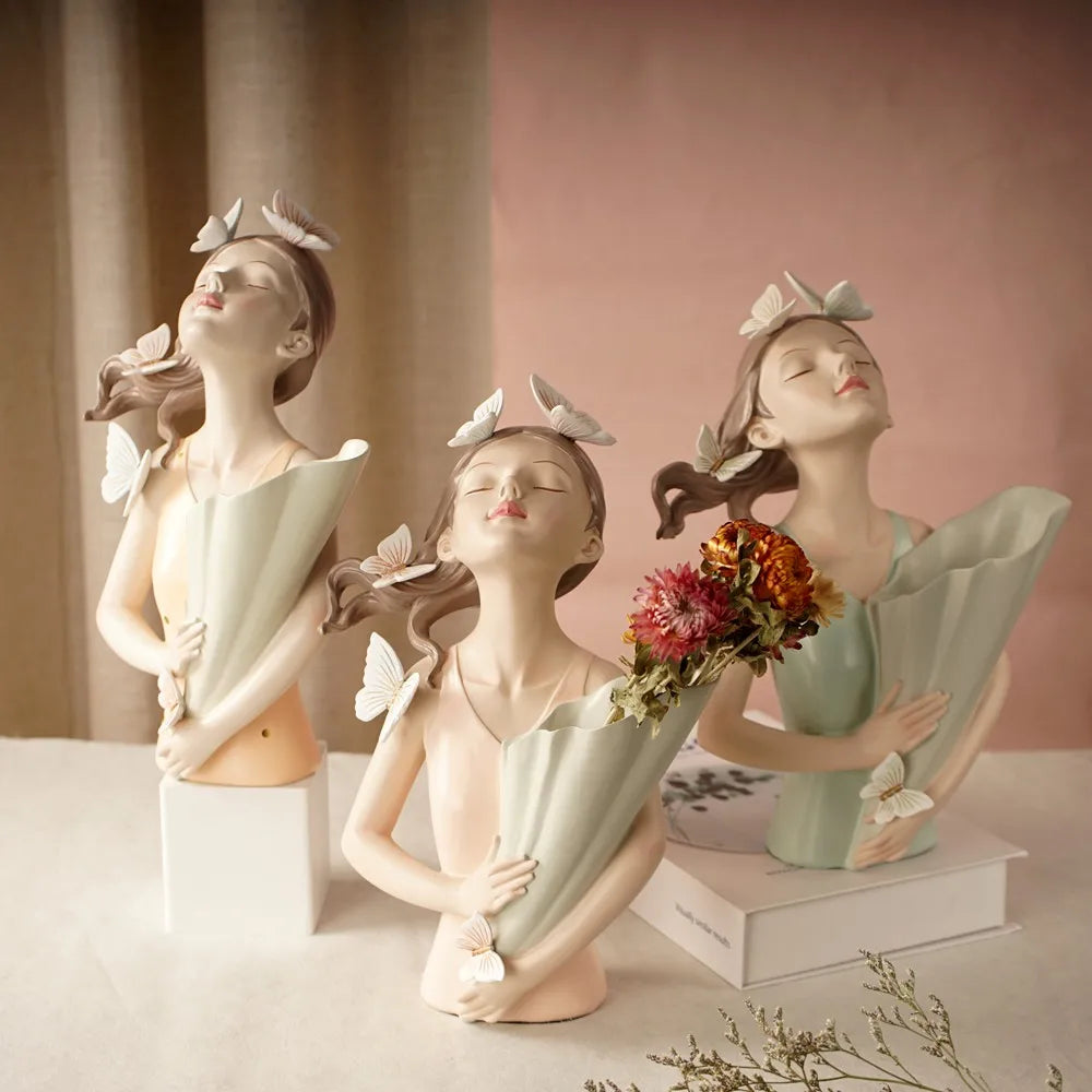 30cm Butterfly and Girl Vase Handmade Modern Art Figurines
