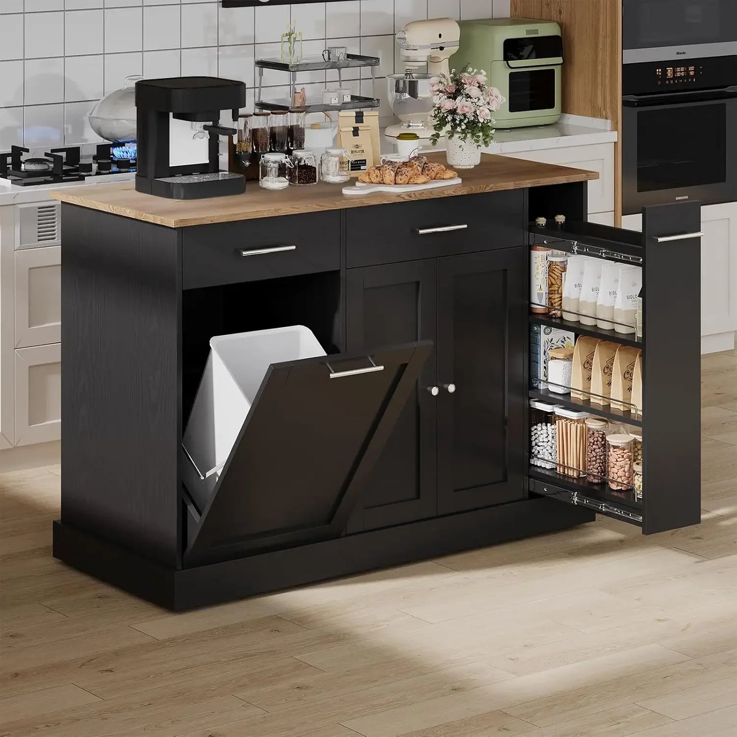 Trash Can Storage, 52" Kitchen Rolling Island with Marble Countertop