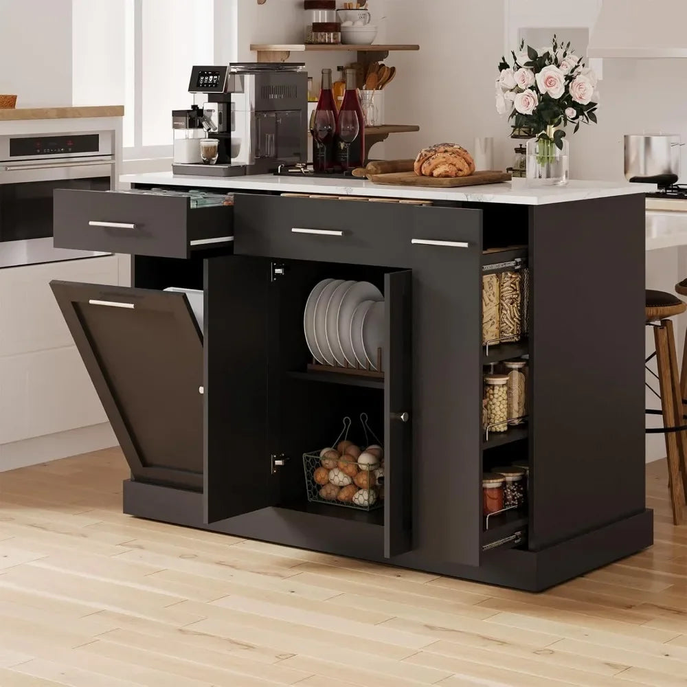 Trash Can Storage, 52" Kitchen Rolling Island with Marble Countertop