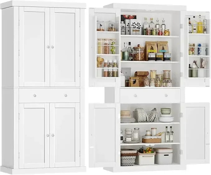 72” Kitchen Pantry Cabinet, Cupboard with 6 Hanging Shelves, Tall Storage Cabinet with 4 Doors and 1 Drawer, Kitchen Cabinet