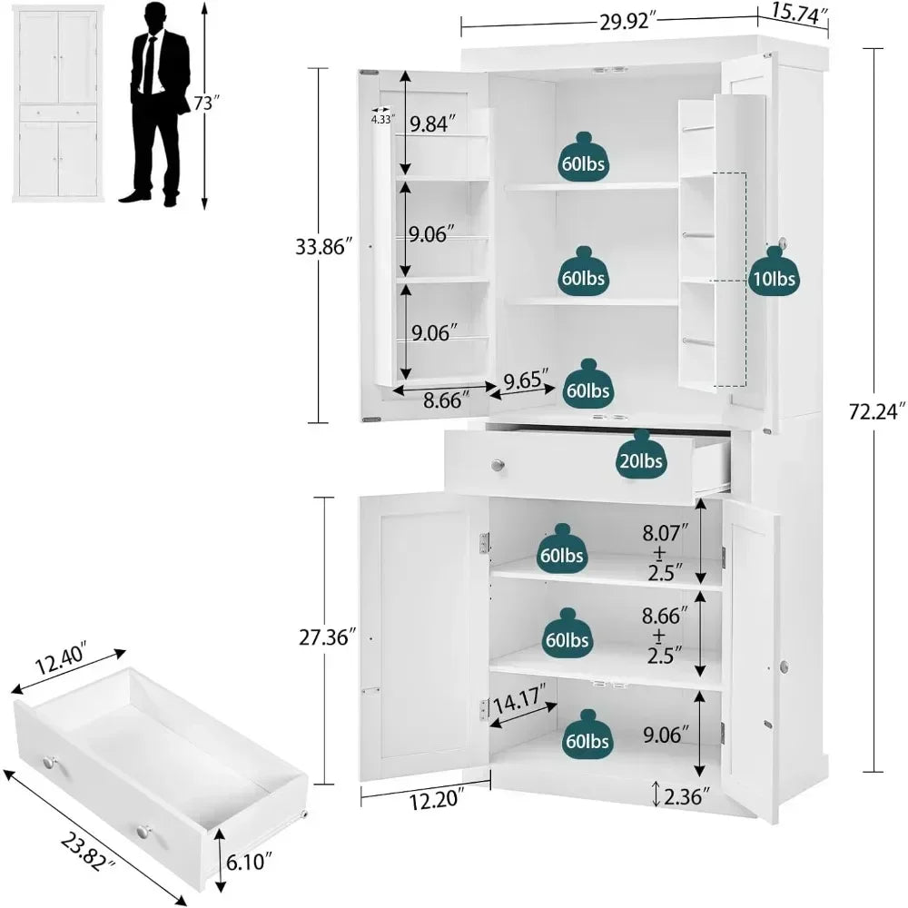 72” Kitchen Pantry Cabinet, Cupboard with 6 Hanging Shelves, Tall Storage Cabinet with 4 Doors and 1 Drawer, Kitchen Cabinet