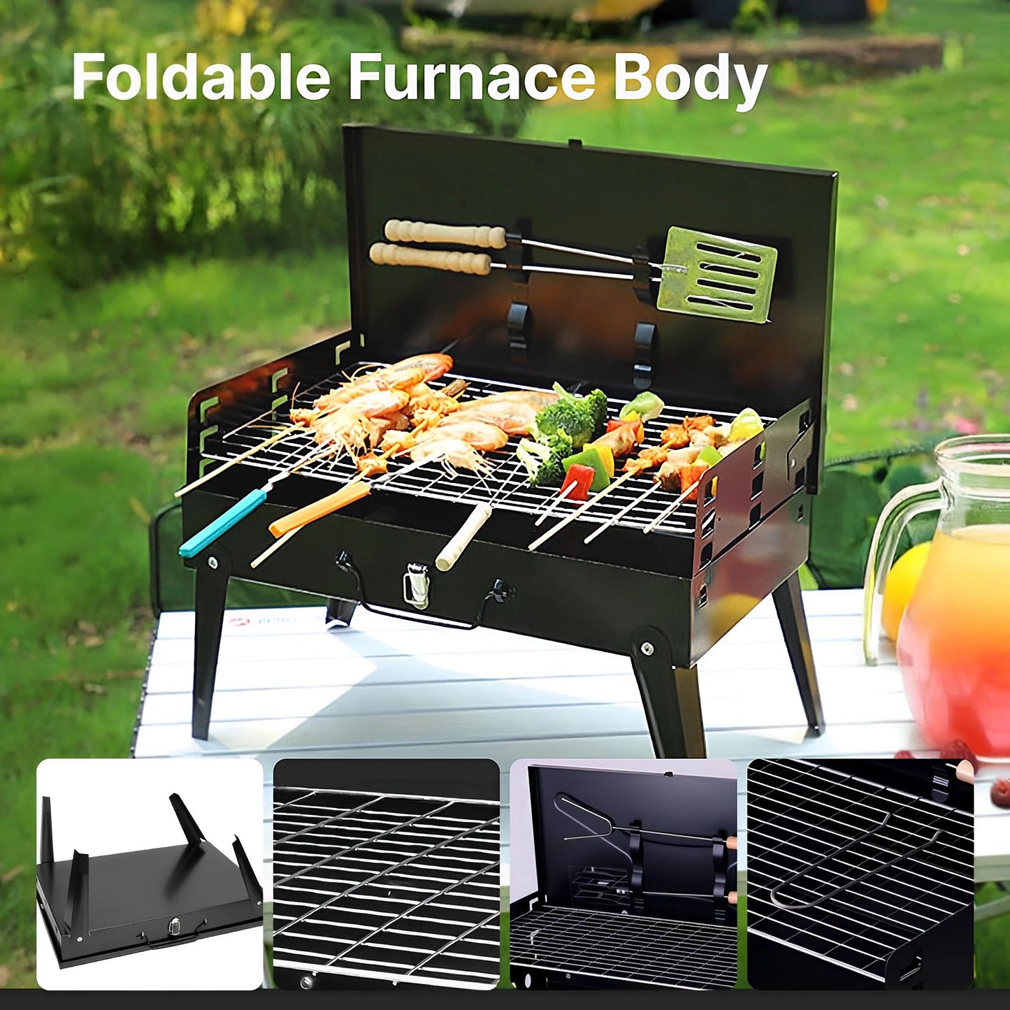 Charcoal Grill, Foldable BBQ Grill with Adjustable Heights,