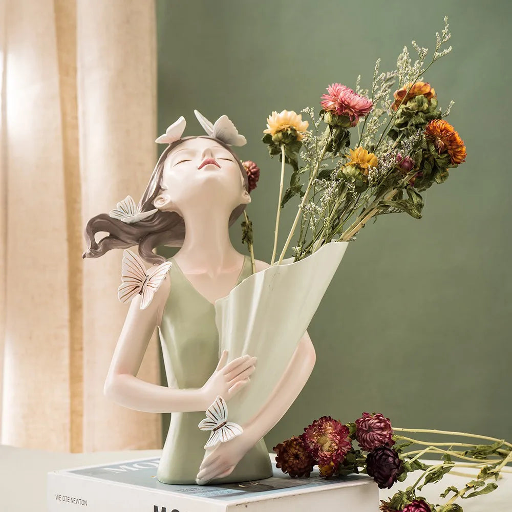 30cm Butterfly and Girl Vase Handmade Modern Art Figurines