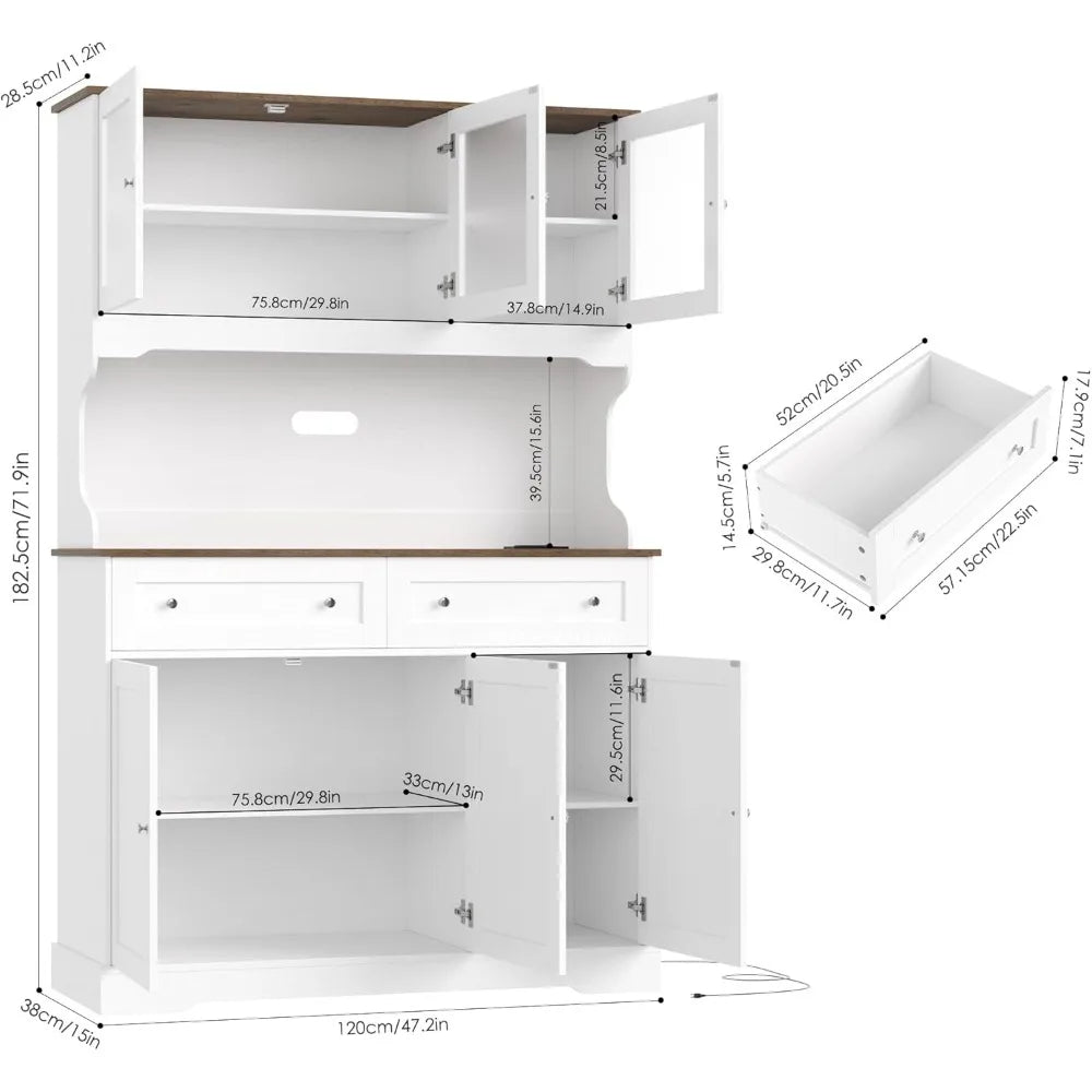 71.9"Kitchen Pantry Cabinet, W/Outlets, Farmhouse Kitchen Pantry
