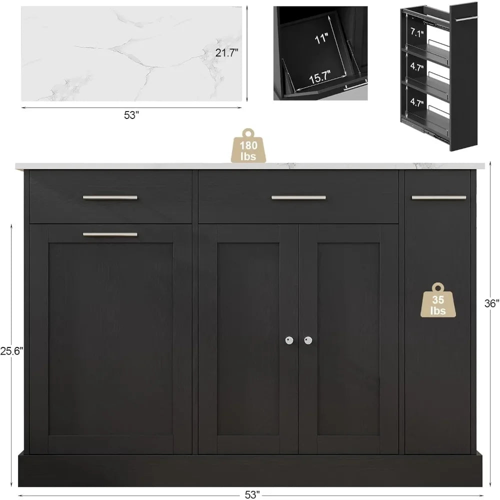 Trash Can Storage, 52" Kitchen Rolling Island with Marble Countertop