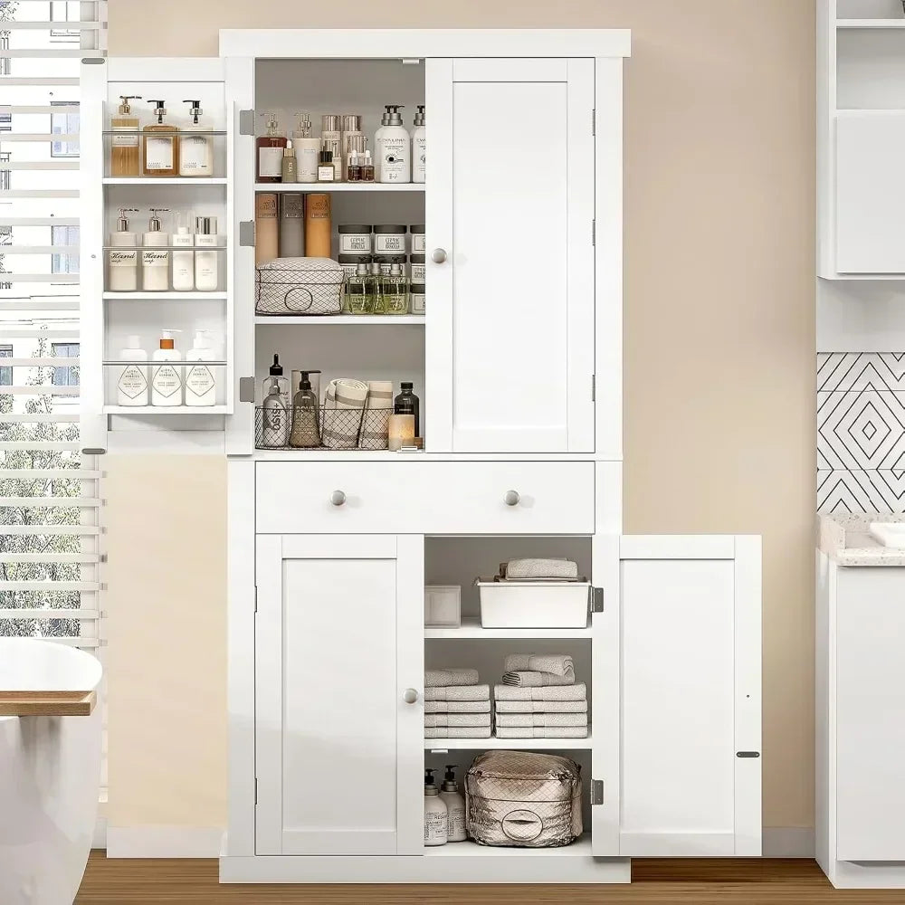 72” Kitchen Pantry Cabinet, Cupboard with 6 Hanging Shelves, Tall Storage Cabinet with 4 Doors and 1 Drawer, Kitchen Cabinet