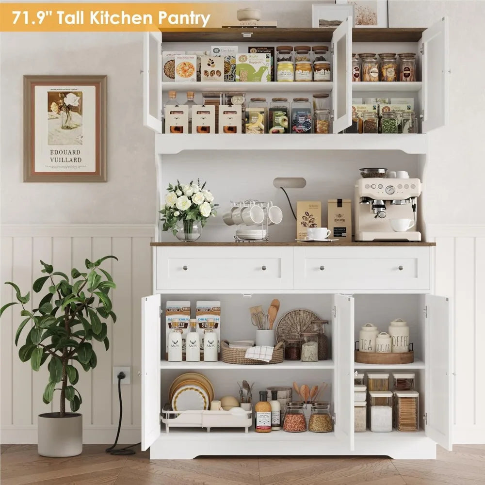 71.9"Kitchen Pantry Cabinet, W/Outlets, Farmhouse Kitchen Pantry