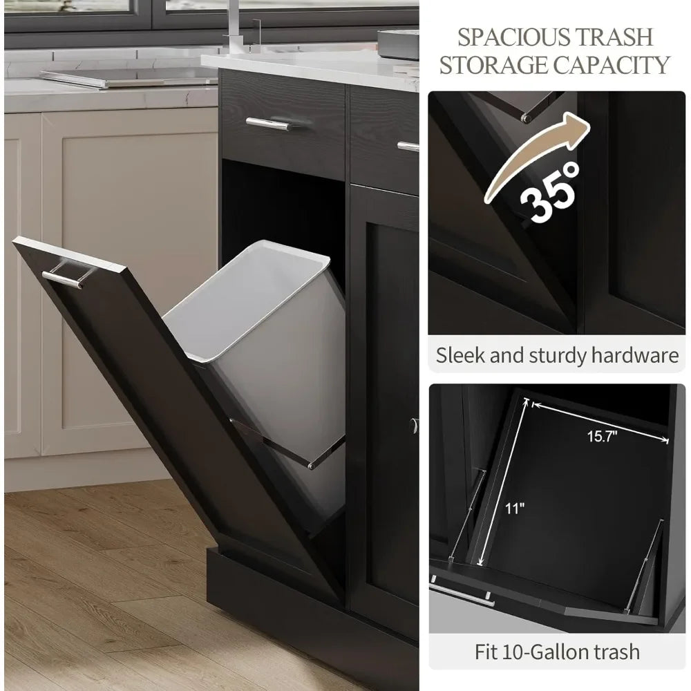 Trash Can Storage, 52" Kitchen Rolling Island with Marble Countertop