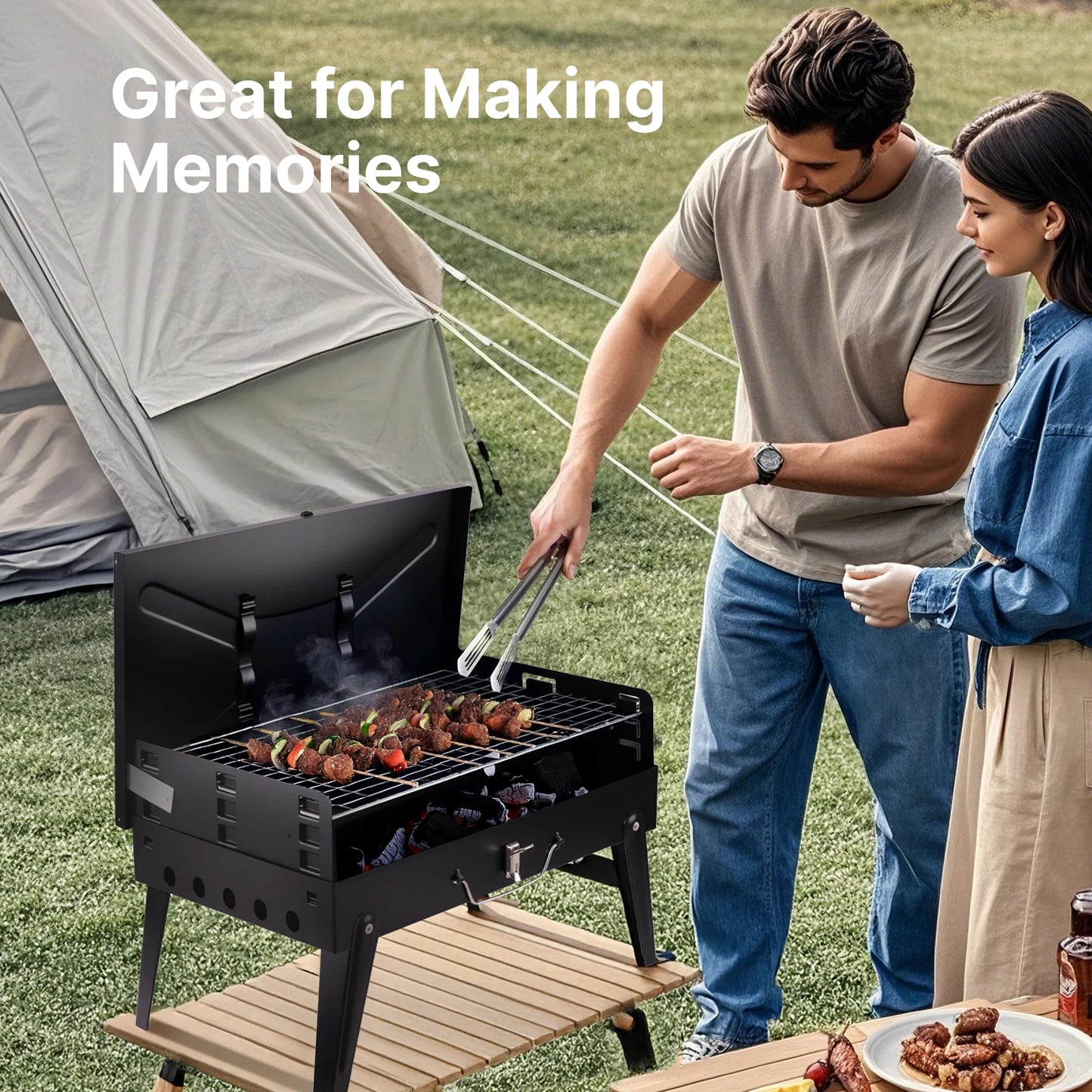 Charcoal Grill, Foldable BBQ Grill with Adjustable Heights,