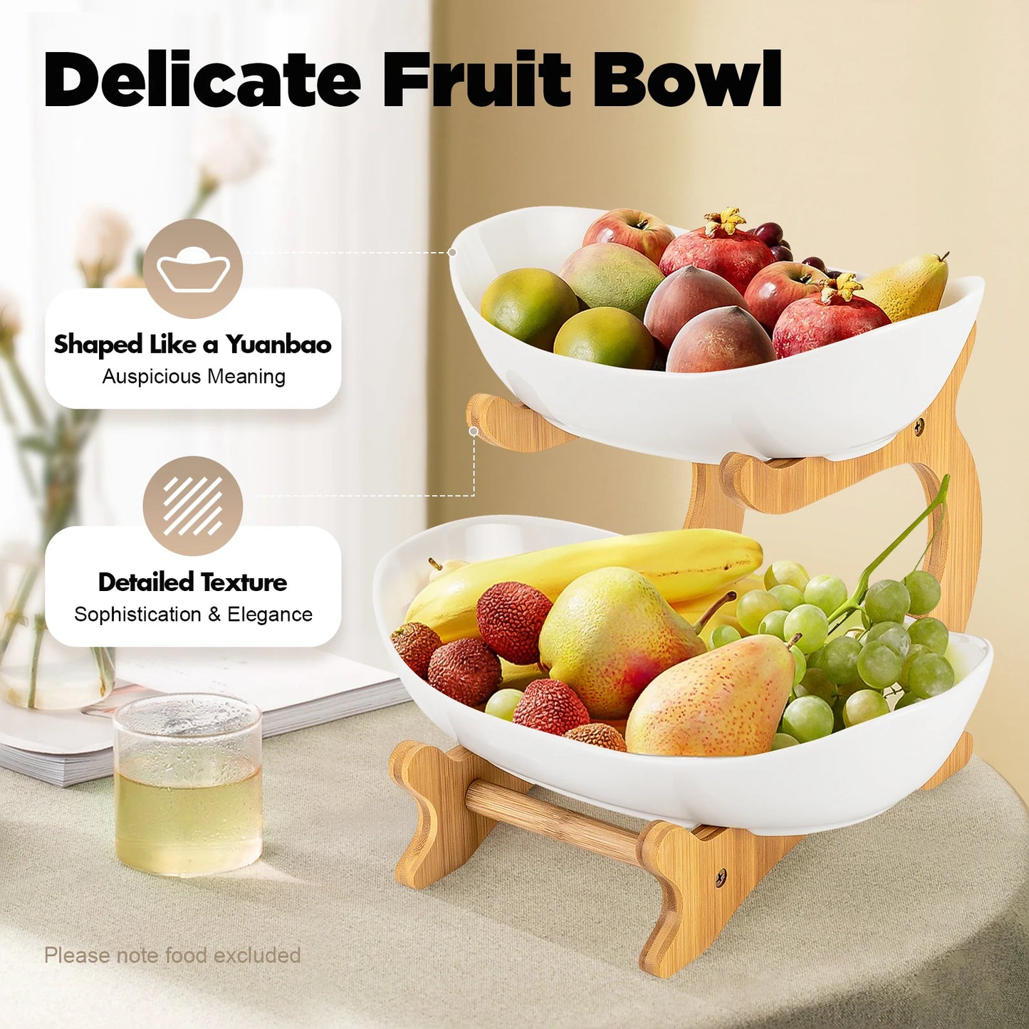 2-Tier Ceramic Fruit Bowl Set Bambo Frame