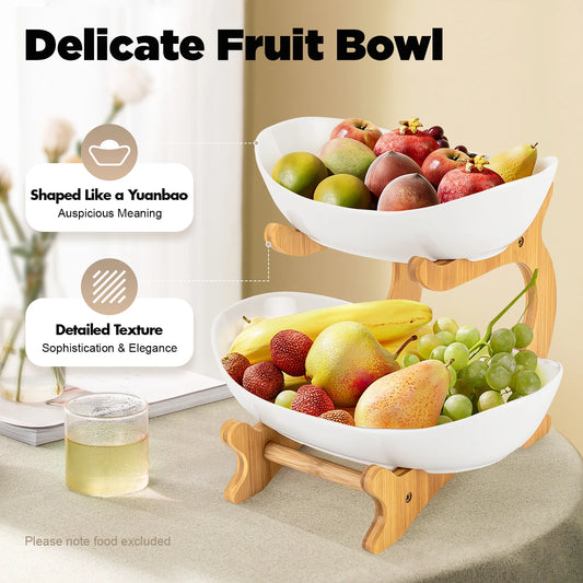 2-Tier Ceramic Fruit Bowl Set Bambo Frame