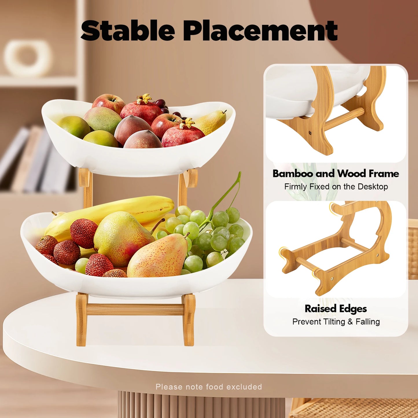 2-Tier Ceramic Fruit Bowl Set Bambo Frame