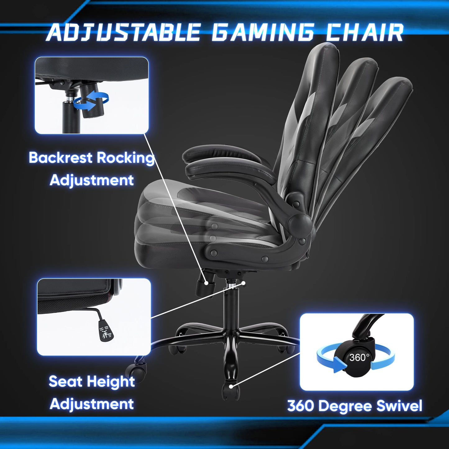 JHK Ergonomic Adjustable PU Leather Chair Flip-up Armrest