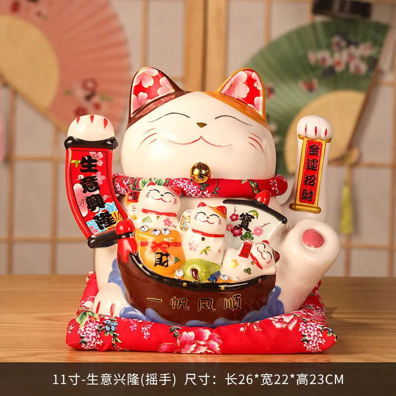 11 Inch Ceramic Beckoning Cat Waving Hand