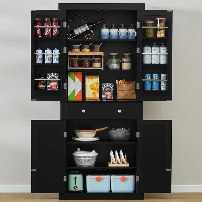 72” Kitchen Pantry Cabinet, Cupboard with 6 Hanging Shelves, Tall Storage Cabinet with 4 Doors and 1 Drawer, Kitchen Cabinet