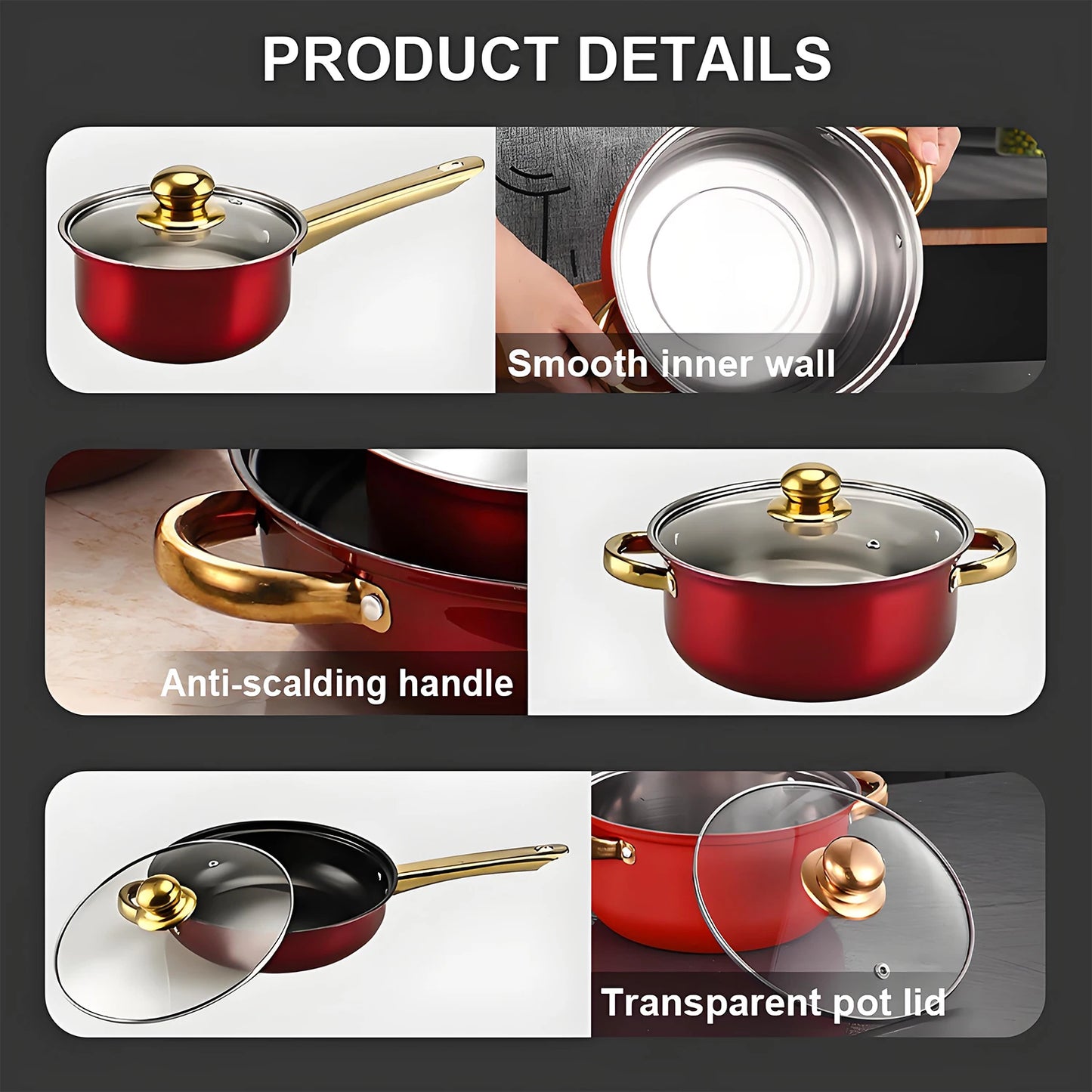 Red Cookware , 12-Piece Stainless Steel, Non-Stick,