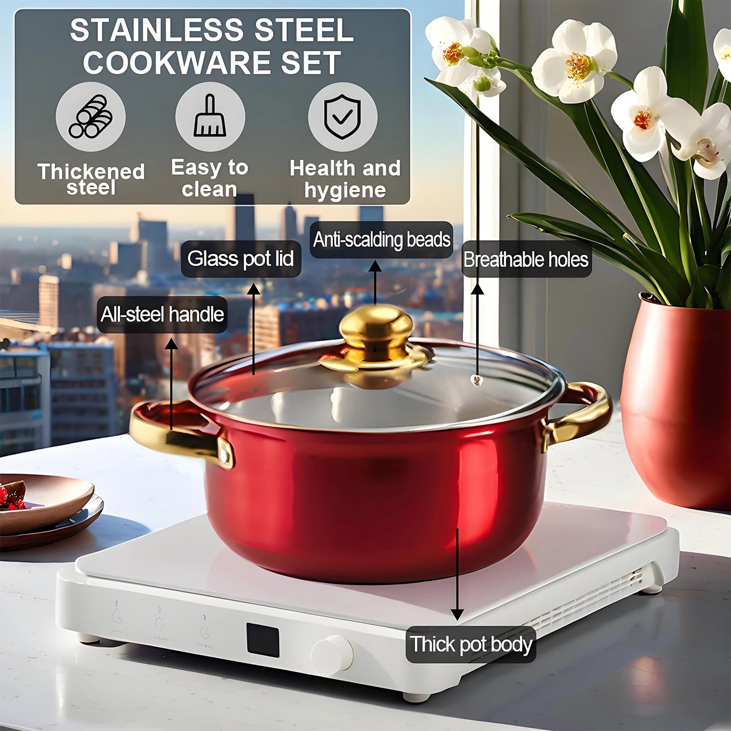 Red Cookware , 12-Piece Stainless Steel, Non-Stick,