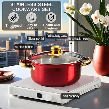 Red Cookware , 12-Piece Stainless Steel, Non-Stick,