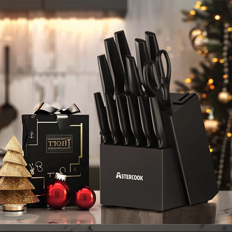 Astercook 15 Pieces German Stainless Steel Knife Block