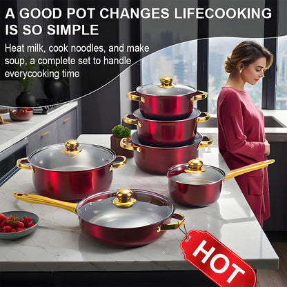 Red Cookware , 12-Piece Stainless Steel, Non-Stick,