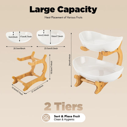 2-Tier Ceramic Fruit Bowl Set Bambo Frame