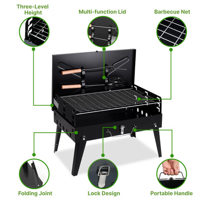 Charcoal Grill, Foldable BBQ Grill with Adjustable Heights,