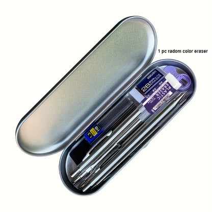 12pcs/box Metal Mechanical Pencil With Pen Box Lead Eraser Color Pencil Sharpener Set 0.3 0.5 0.7 0.9 1.3 2.0mm Art Sketch