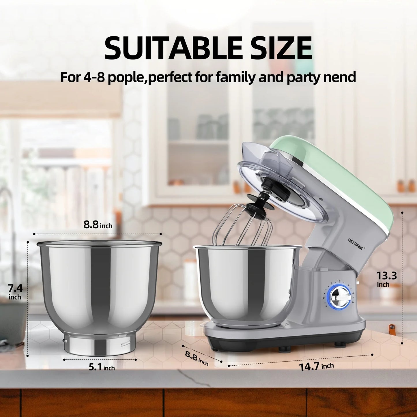 Stand Mixer, 5.5QT Tilt-Head - 500W 6+P Speed, US Plug