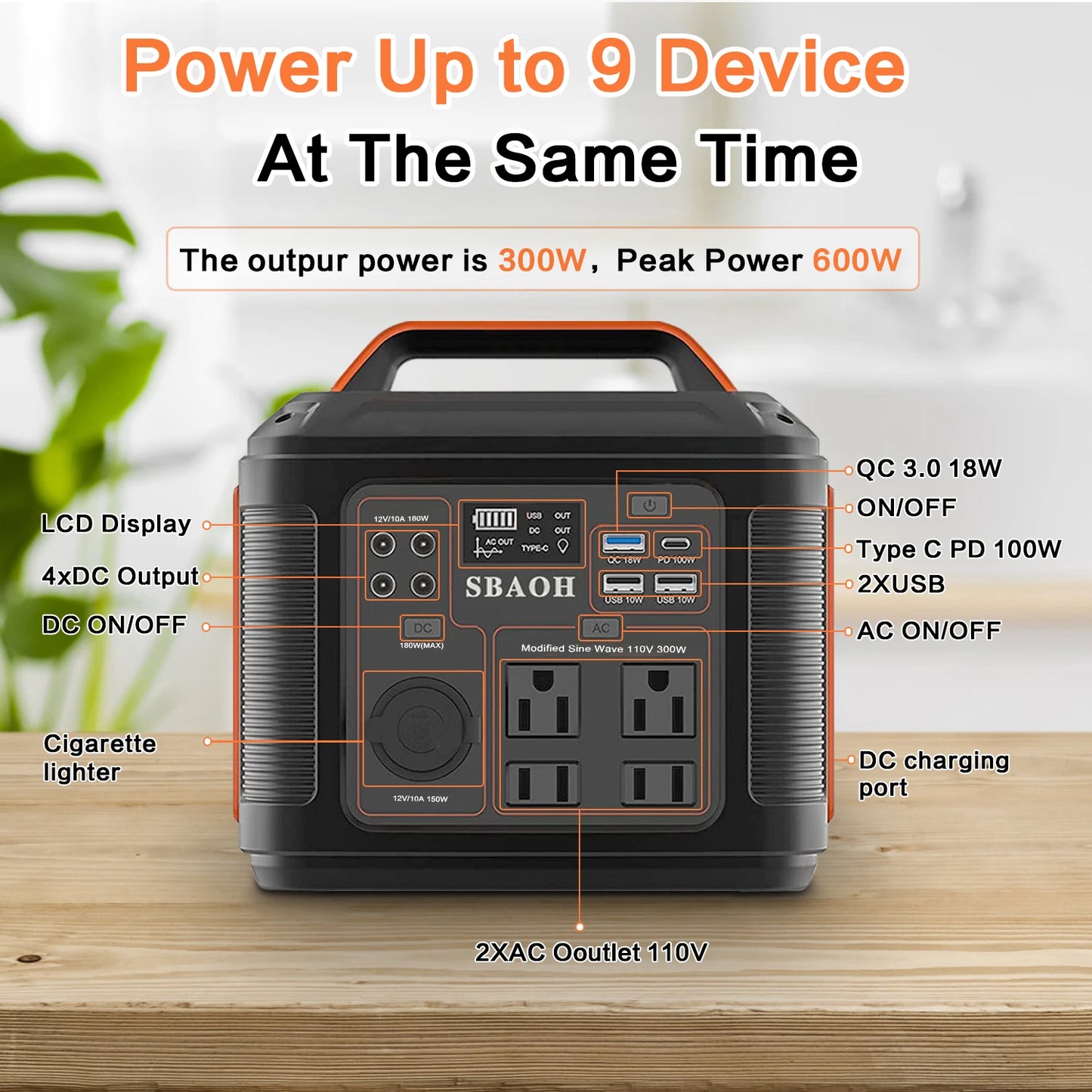 Portable Power Station, 300W 296Wh Solar Generator Lithium Battery B
