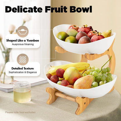 2-Tier Ceramic Fruit Bowl Set Bambo Frame