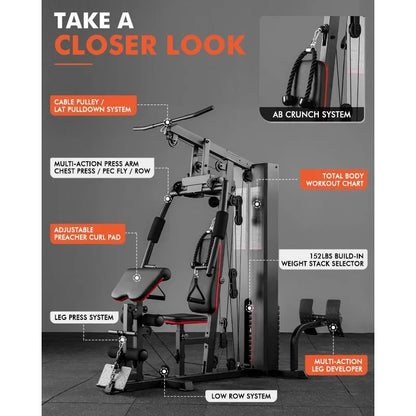 Workout Station with 150LBS Weight Stack, Home Gym