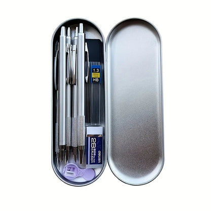 12pcs/box Metal Mechanical Pencil With Pen Box Lead Eraser Color Pencil Sharpener Set 0.3 0.5 0.7 0.9 1.3 2.0mm Art Sketch